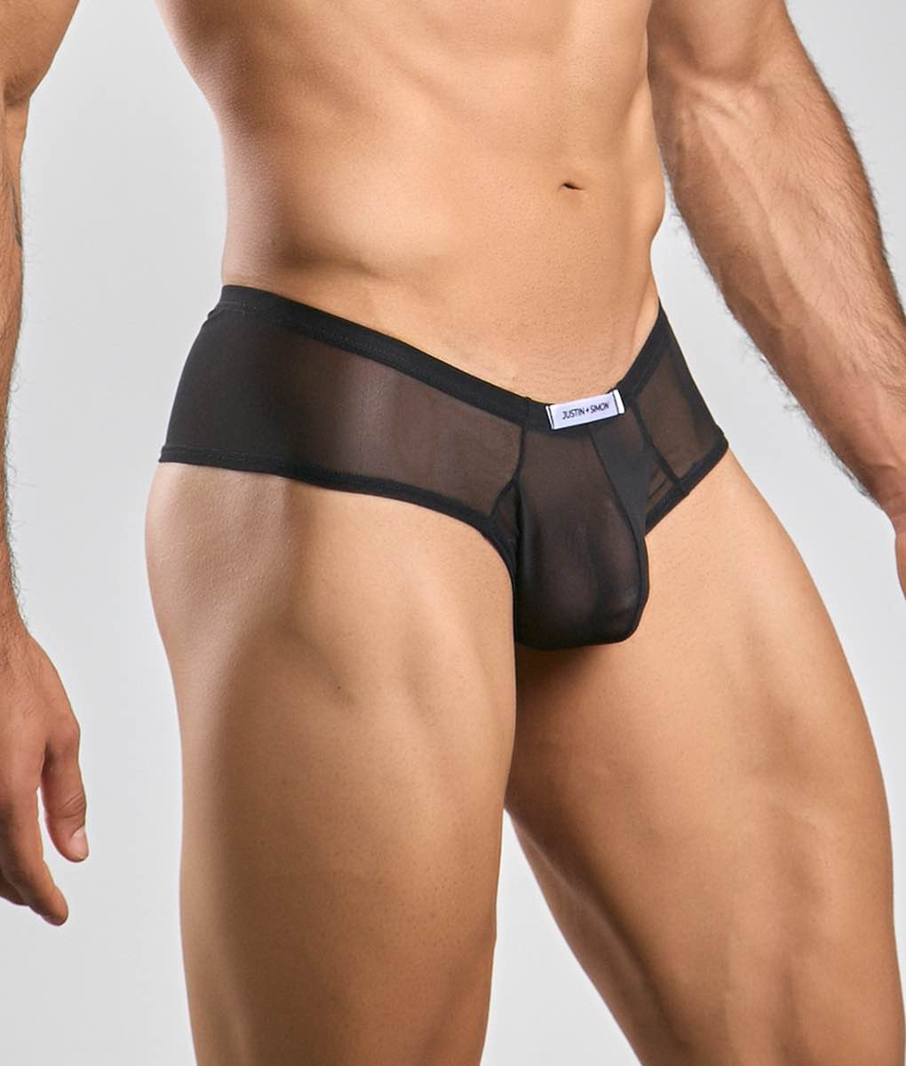 Black sheer mesh briefs with solid black waistband and white label from justin + simon cheek mesh collection
