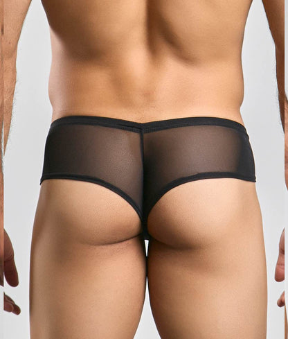 Black sheer mesh briefs with a solid black waistband from justin simon cheek mesh collection showing front view