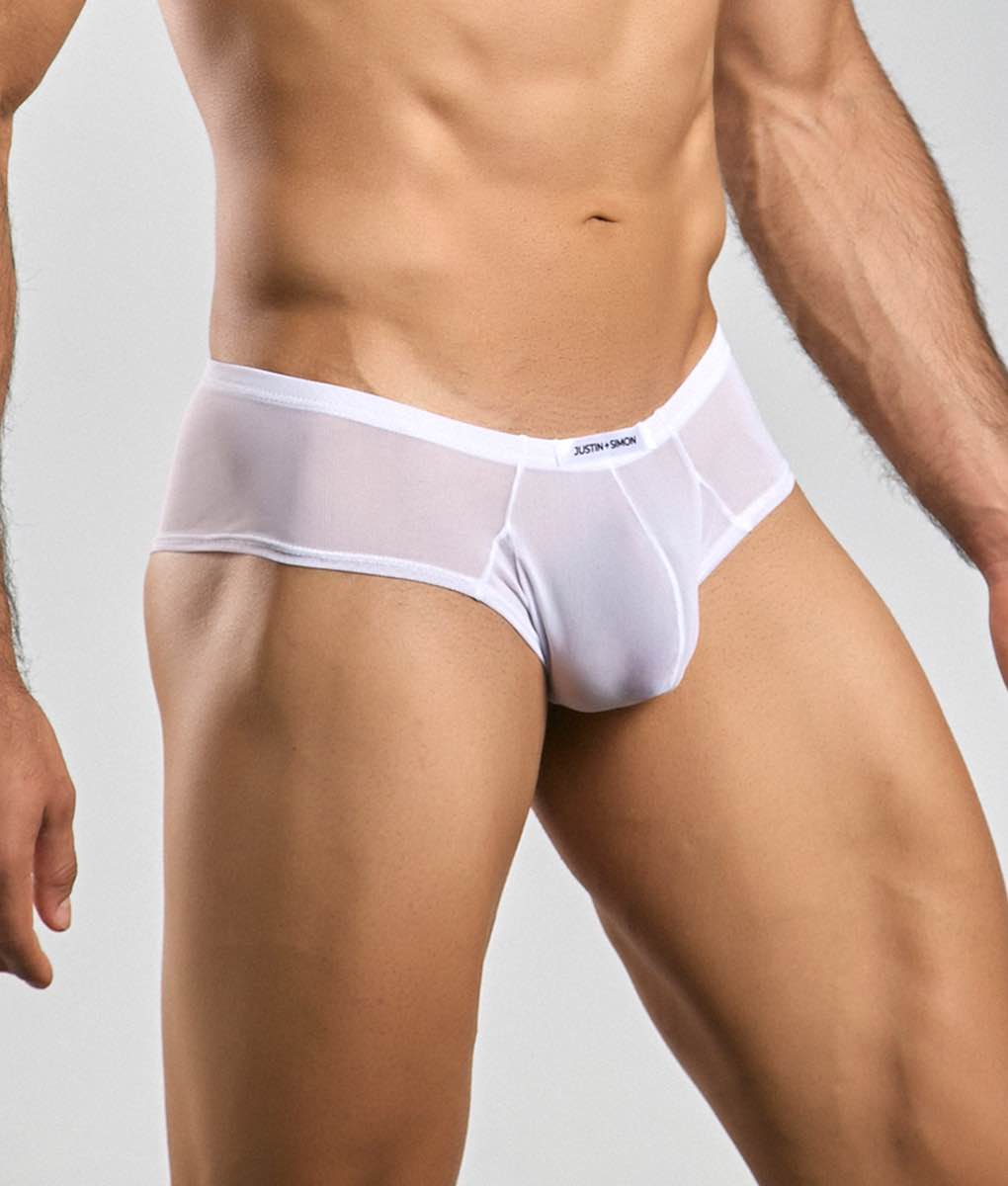White sheer mesh briefs with white elastic waistband and justin james brand label from justin simon cheek mesh collection