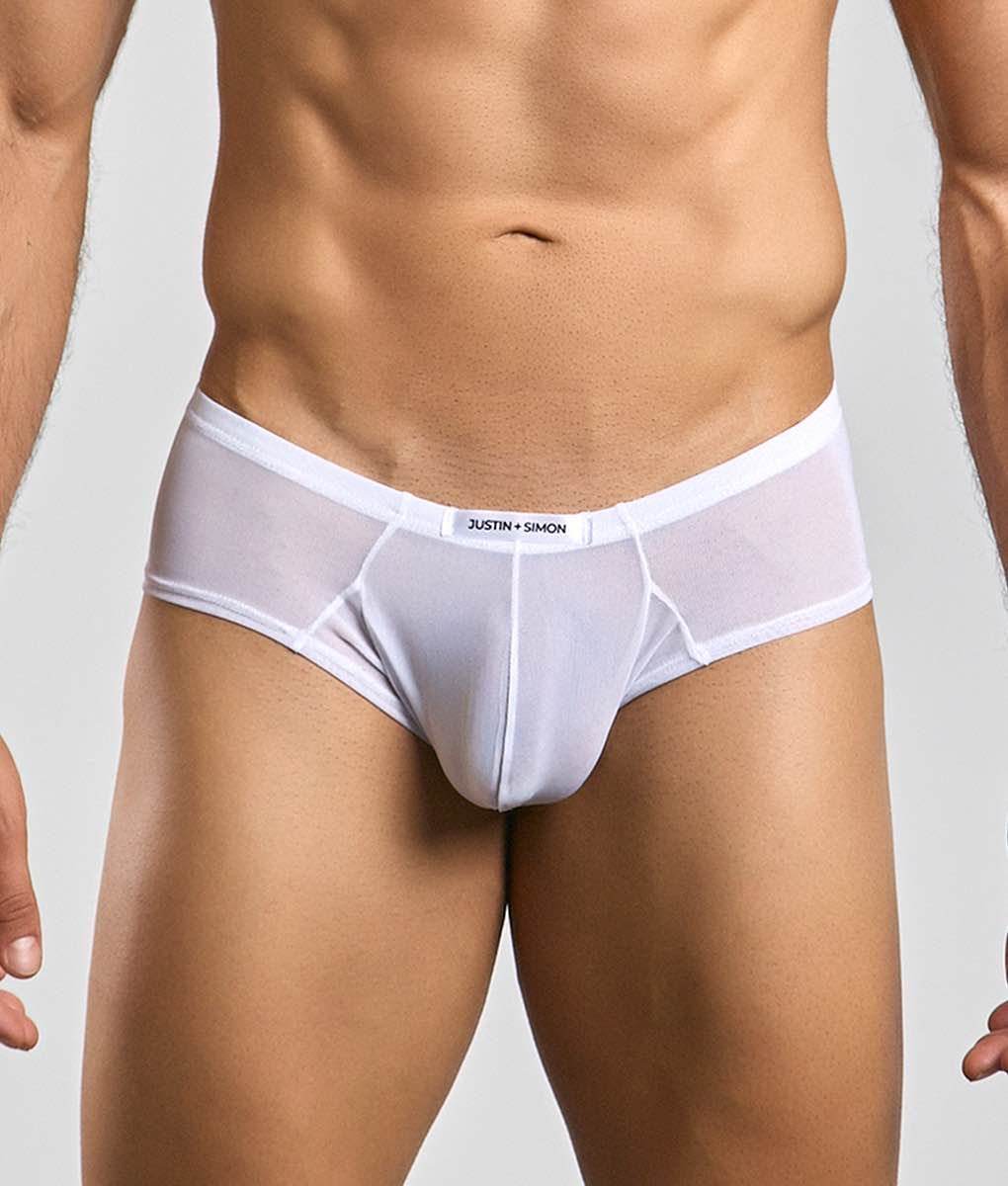 White sheer mesh briefs with a white elastic waistband and justin plus simon brand label from the cheek mesh line