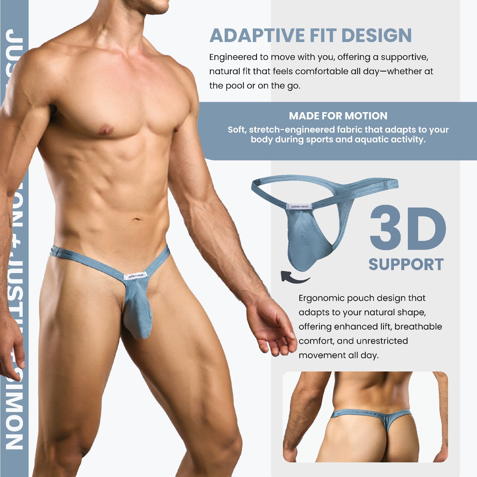 Justin + Simon bulge thong mesh in blue with 3d support stretch-engineered fabric for adaptive-fit motion