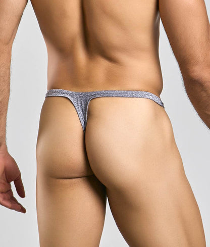 Silver glitter thong with sleek narrow design from justin + simon bulge thong shown from the back side