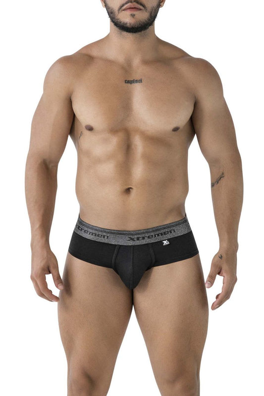 Black men’s cotton blend briefs with gray textured waistband featuring xtremen brand name and logo