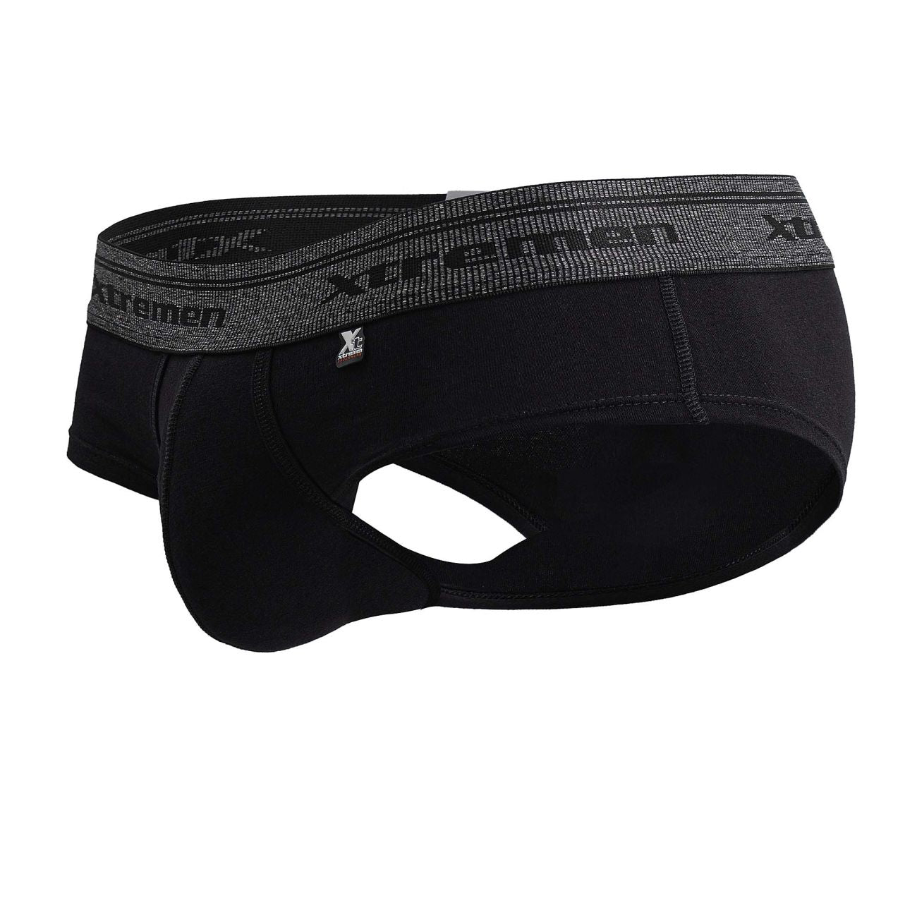 Black xtremen 41315 cotton blend men’s briefs with textured gray waistband featuring brand name and logo