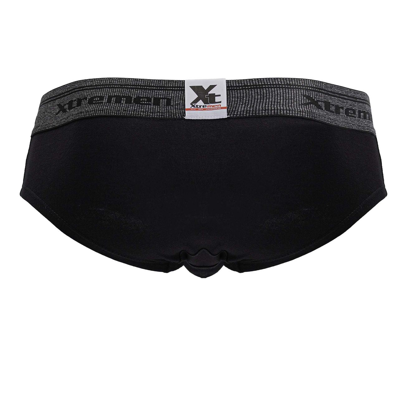 Black xtremen 41315 cotton blend men’s briefs with gray elastic waistband featuring the brand logo