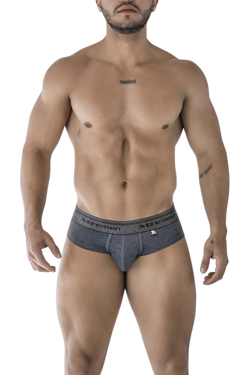 Gray textured men’s briefs with branded waistband xtremen 41315 cotton blend briefs color cross front view