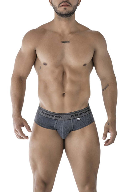 Gray textured men’s briefs with branded waistband xtremen 41315 cotton blend briefs color cross front view