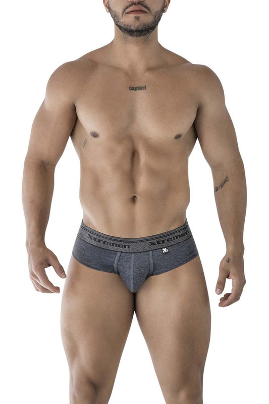 Gray textured men’s briefs with branded waistband xtremen 41315 cotton blend briefs color cross front view