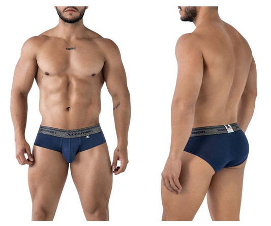 Navy xtremen 41315 cotton blend men’s briefs with gray elastic waistband and xl size tag visible in the front view