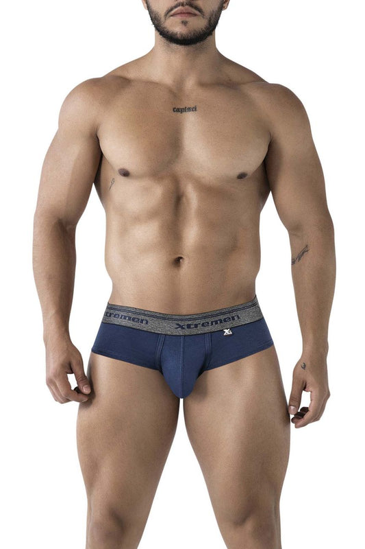 Navy blue Xtremen 41315 cotton blend men’s briefs with gray elastic waistband featuring brand name and logo