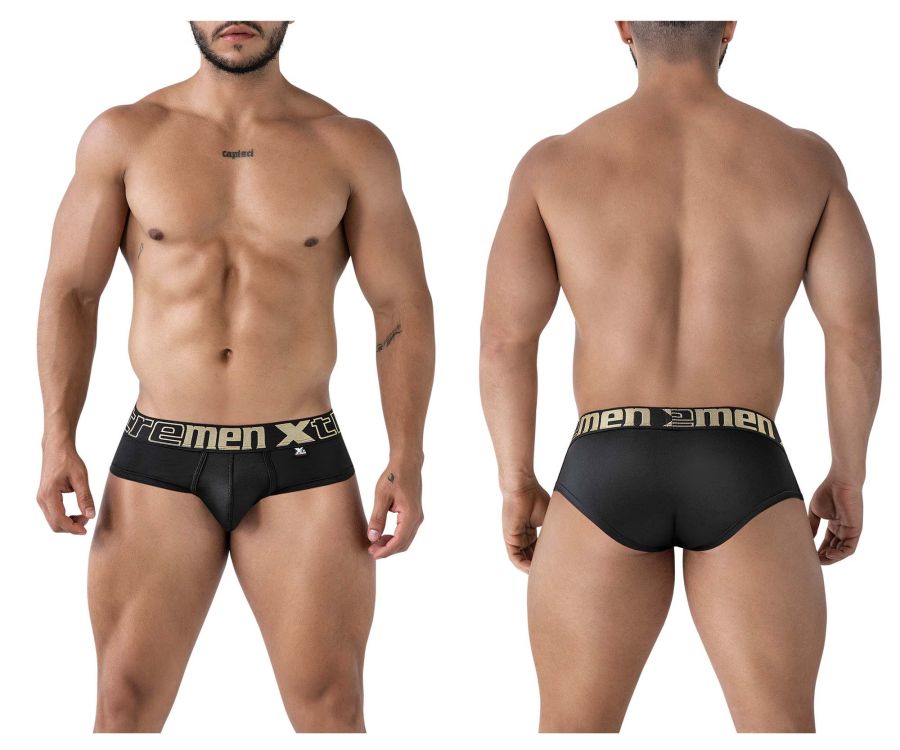 Black xtremen 41316 microfiber briefs featuring a gold extreme men xt waistband logo in black color