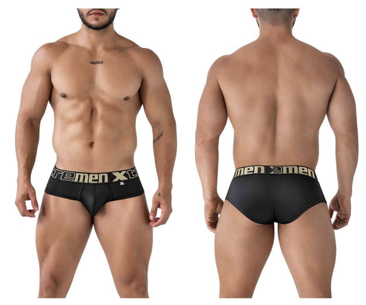 Black xtremen 41316 microfiber briefs featuring a gold extreme men xt waistband logo in black color