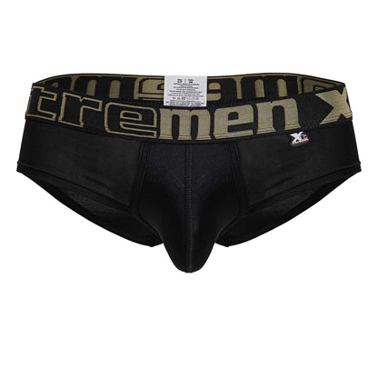 Xtremen 41316 black microfiber men’s briefs with camouflage waistband featuring tremenx logo in olive green