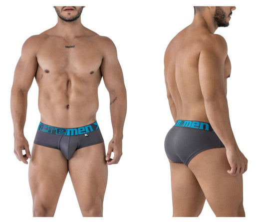 Gray xtremen 41316 microfiber men’s briefs with teal elastic waistband featuring extremen logo and brand emblem