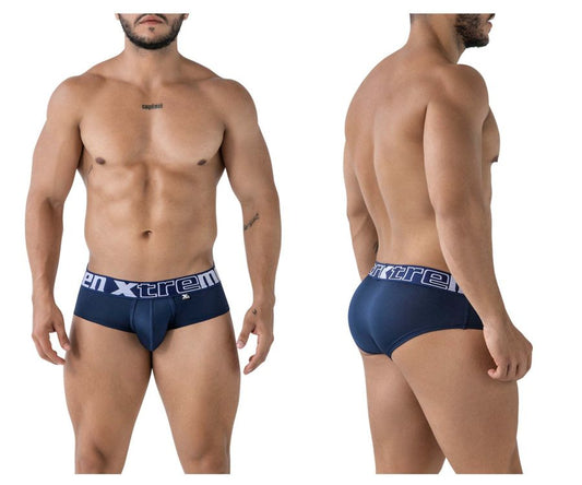 Navy xtremen 41316 microfiber men’s briefs with white xtrem branding on the waistband front view