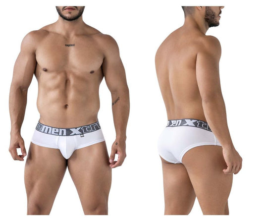 White xtremen 41316 microfiber brief with gray elastic waistband featuring xtreme logo front view