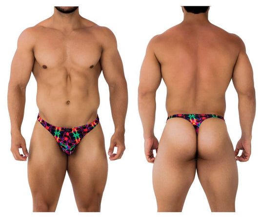 Xtremen 91171 printed thongs color bows vibrant neon patterned men’s briefs with bold red green blue and purple geometric design