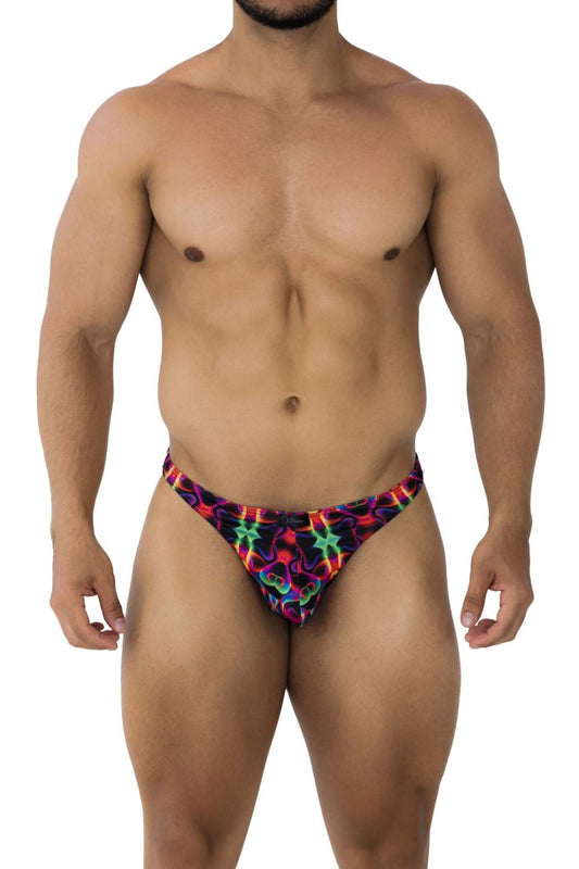 Vibrant neon-colored swim trunks xtremen 91171 printed thongs color bows with bold geometric star and swirl patterns