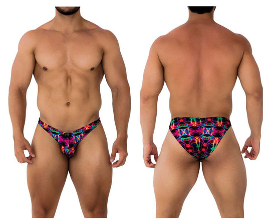 Xtremen 91172 printed bikini color bows men’s swim trunks with vibrant neon abstract pink blue green and purple pattern