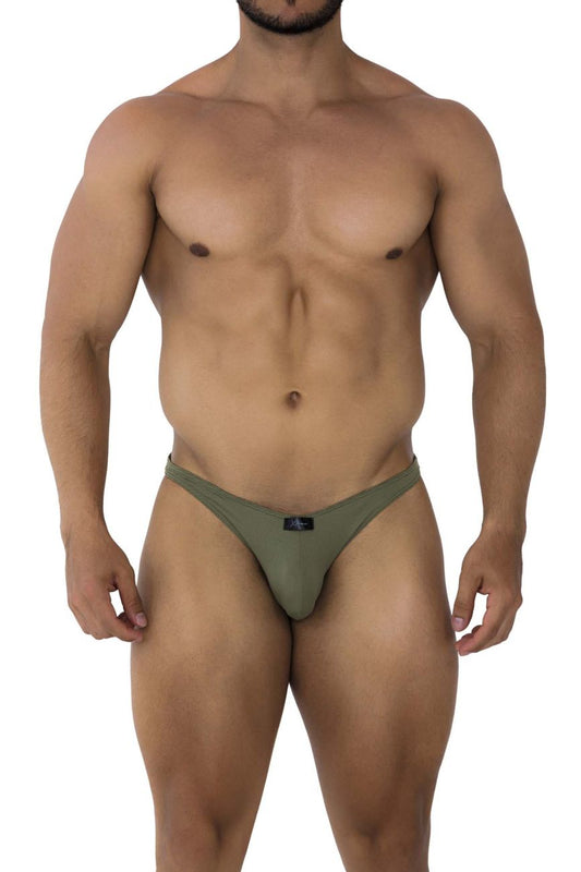 Olive green microfiber athletic briefs with a small black logo front from xtremen 91177 microfiber bikini color green