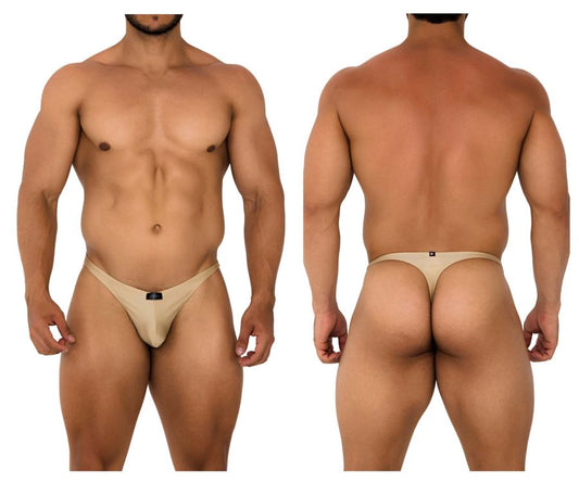 Beige xtremen 91178 microfiber thong with a small black logo on the front in gold color