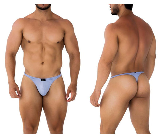 Light blue form-fitting microfiber thong with smooth fabric and black brand tag at the back by xtremen