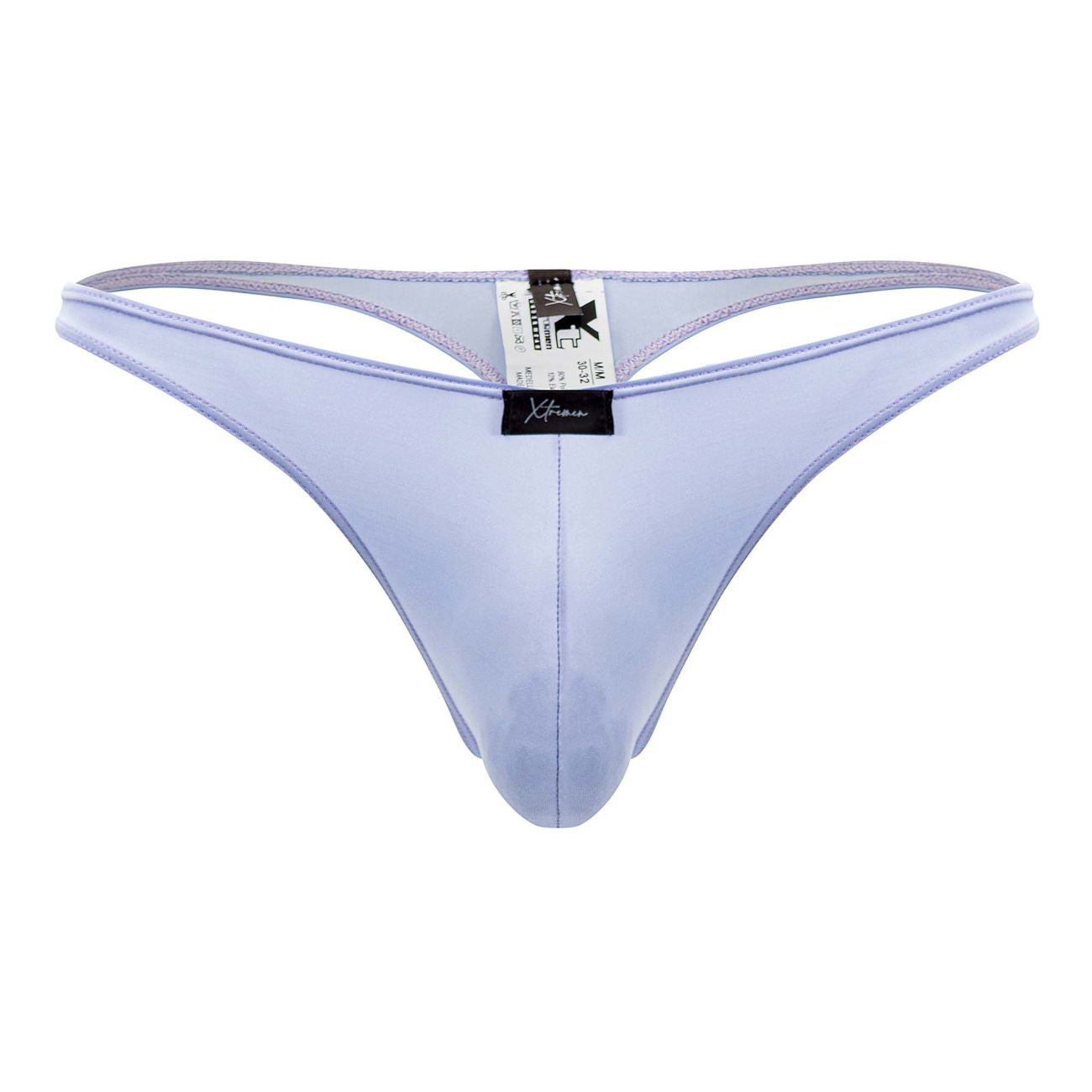 Light purple glossy satin microfiber thong with black brand tag at center from Xtremen 91182 collection
