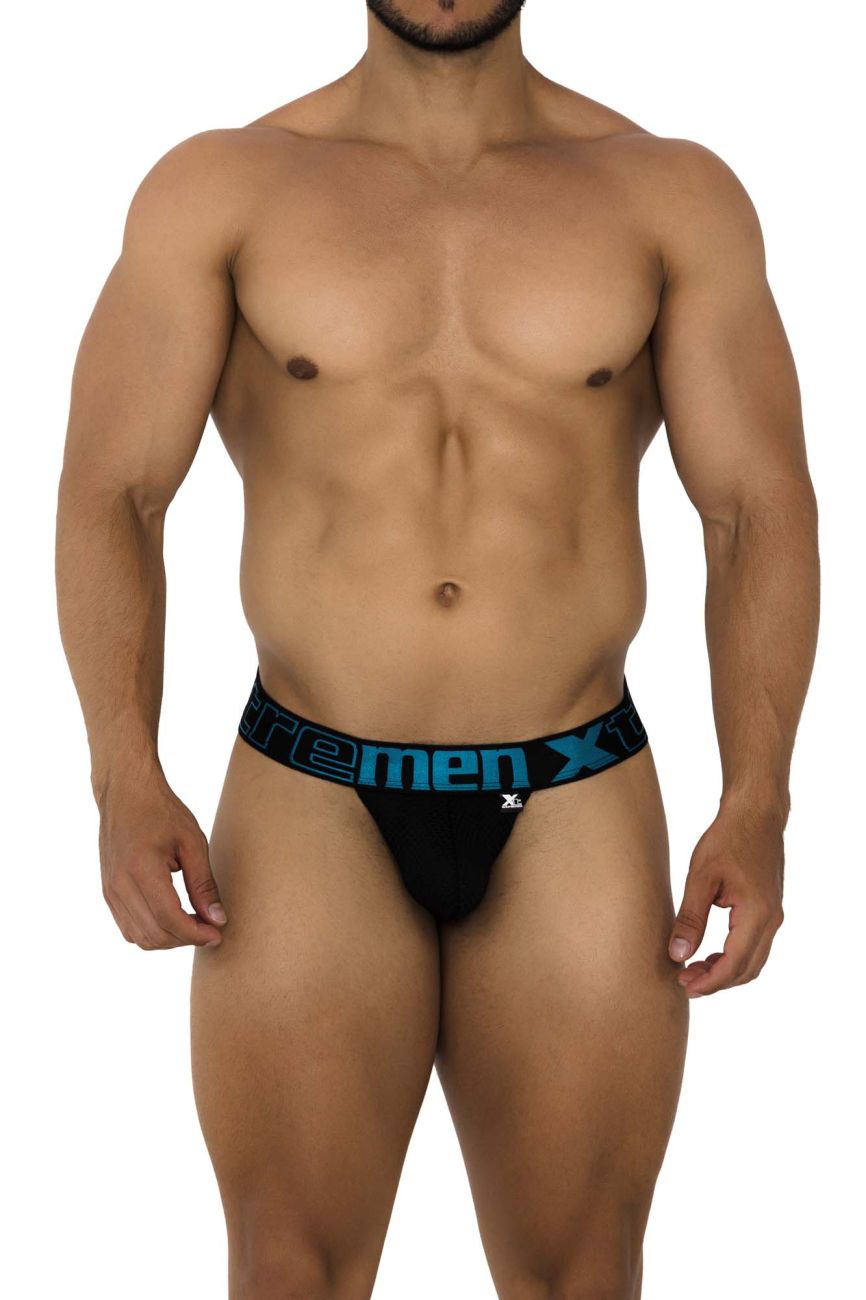 Black xtremen 91184 mesh thong briefs with blue xtrememen logo band and breathable fabric