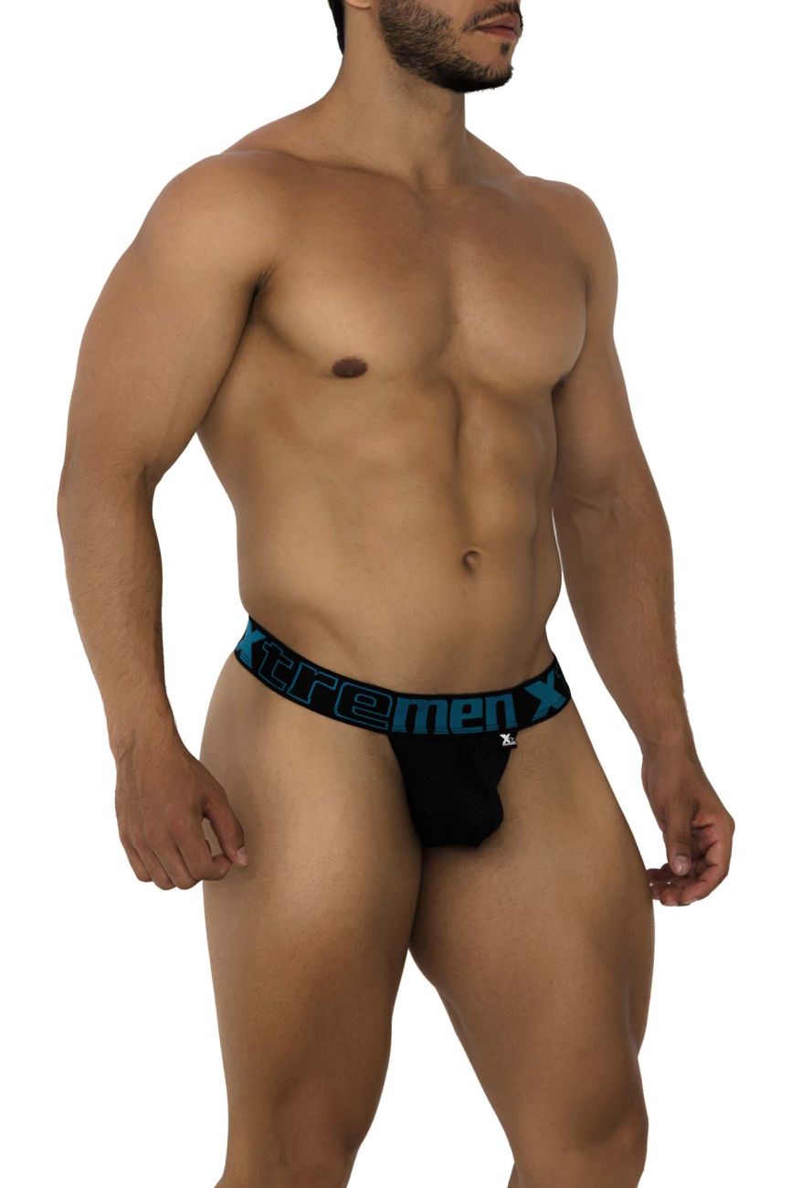 Black xtremen 91184 mesh men’s briefs with teal elastic waistband featuring the brand logo front view
