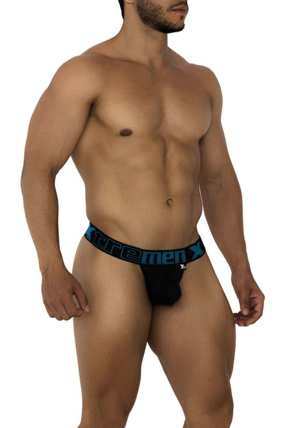 Black xtremen 91184 mesh men’s briefs with teal elastic waistband featuring the brand logo front view