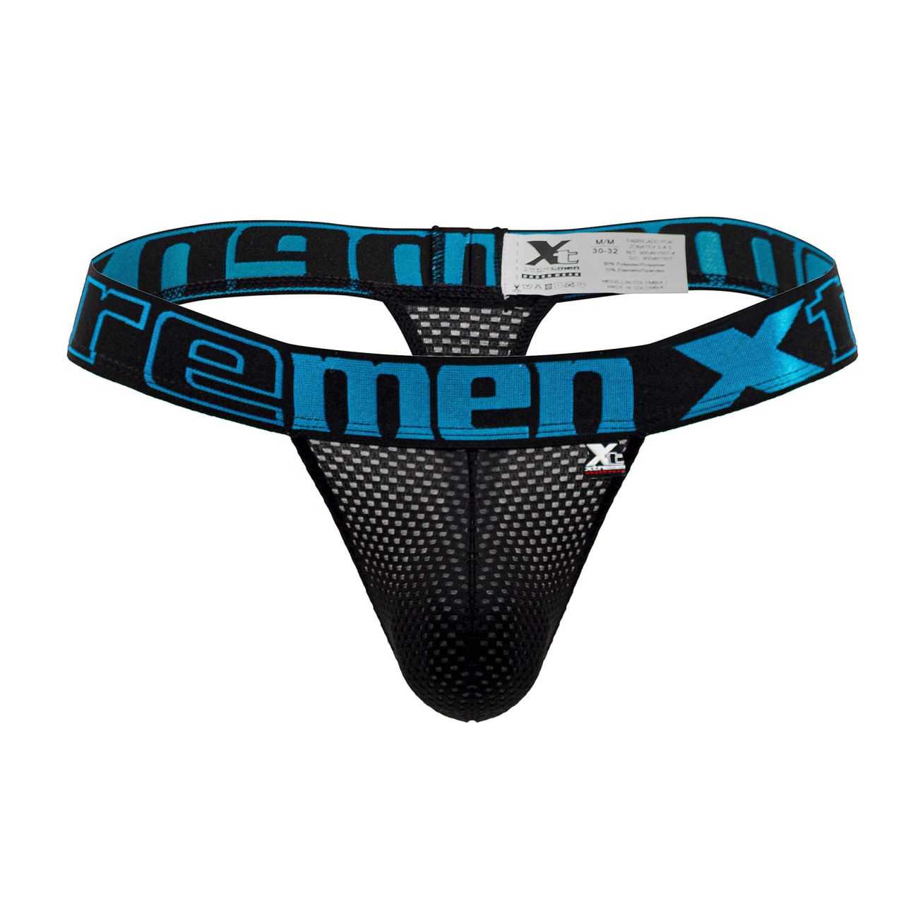 Black and blue mesh thong with bold xtreme branding on waistband from xtremen 91184 mesh thongs collection