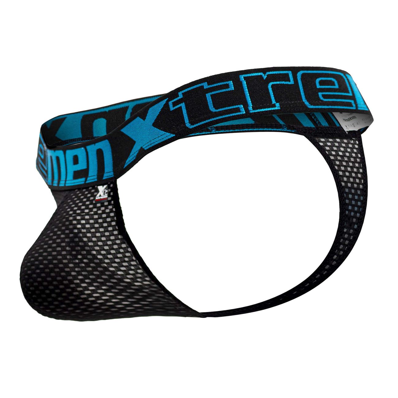 Black mesh Xtremen 91184 thong with bold blue xtreme logo band showcasing the front side design