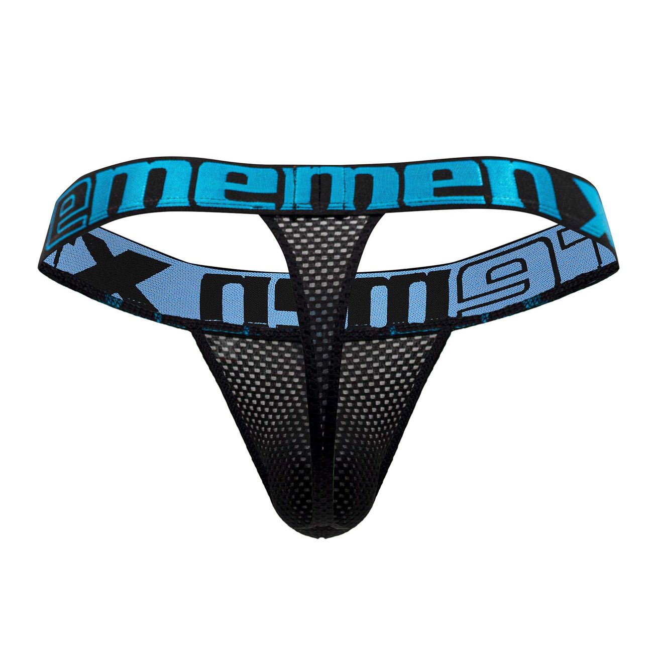 Black xtremen 91184 mesh thong with blue and black branded waistband shown from the back side