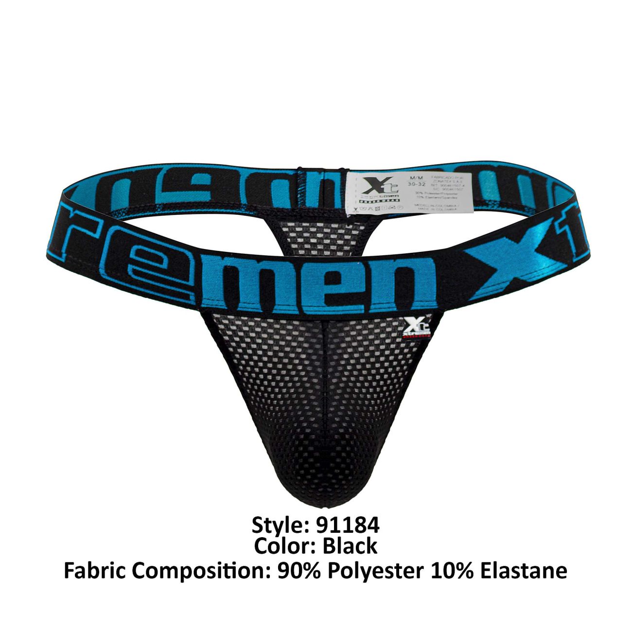 Black mesh thong with bold blue and black xtreme branded waistband from xtremen 91184 mesh thongs color black