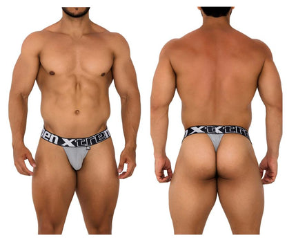 Gray mesh men’s thong with black elastic xtreme branded waistband from Xtremen 91184 mesh thongs collection