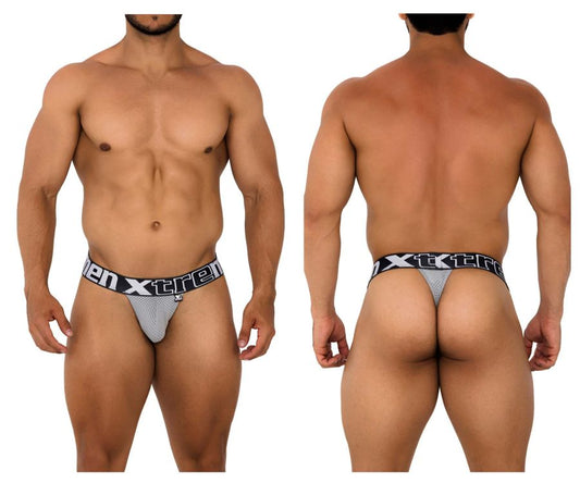Gray mesh men’s thong with black elastic xtreme branded waistband from Xtremen 91184 mesh thongs collection