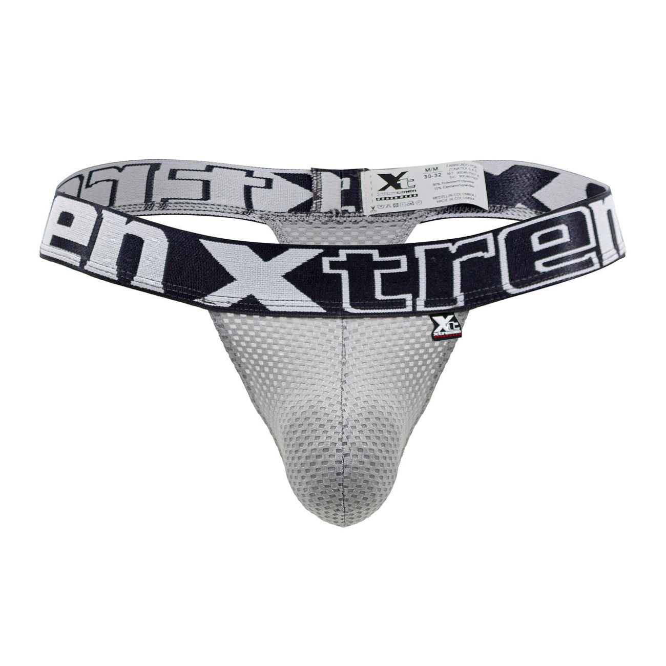 Gray mesh thong with black and white xtreme branding on waistband from Xtremen 91184 collection
