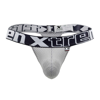 Gray mesh thong with black and white xtreme branding on waistband from Xtremen 91184 collection