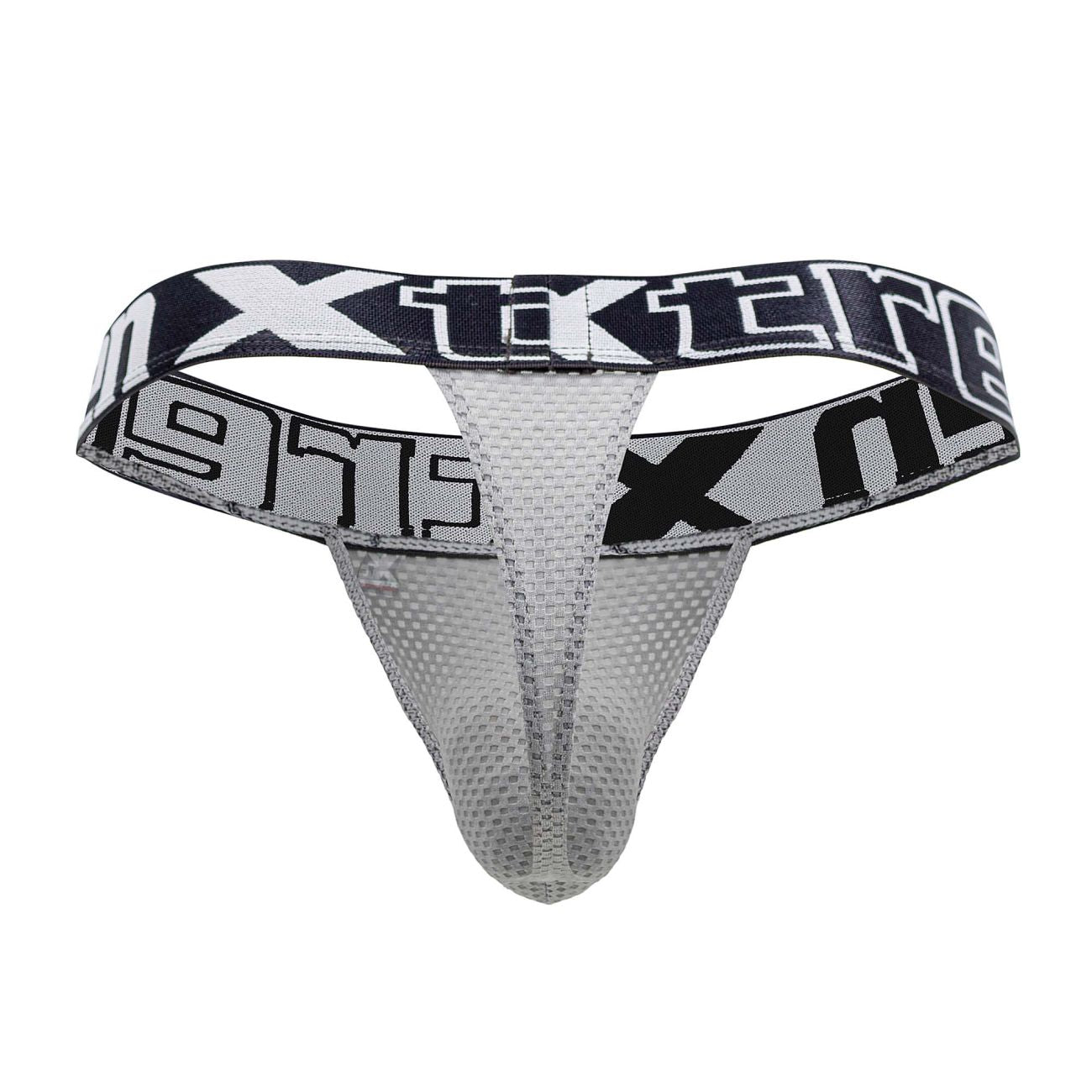 Gray mesh thong with black and white xtreme branding on the waistband from xtremen 91184 collection