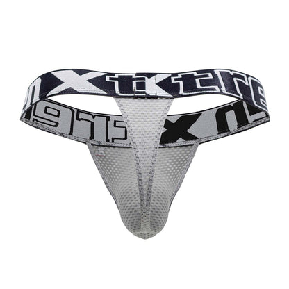 Gray mesh thong with black and white xtreme branding on the waistband from xtremen 91184 collection