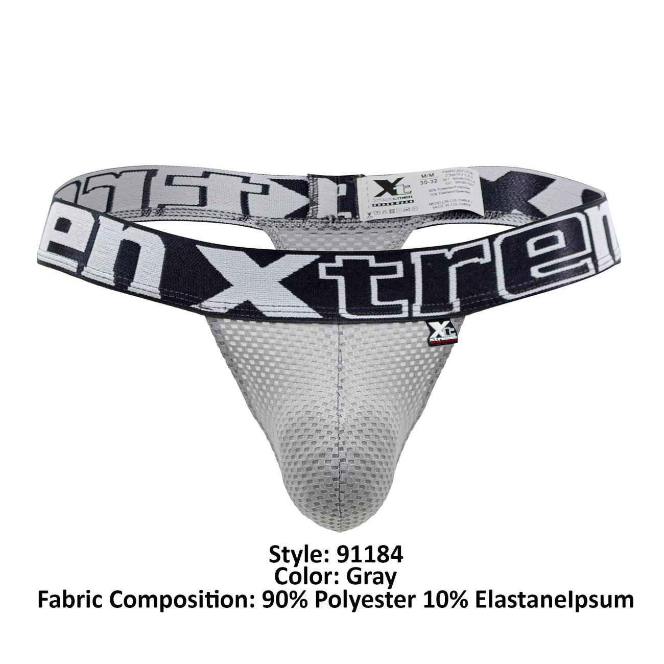 Gray men’s Xtremen 91184 thong with mesh fabric and black-and-white branded waistband shown from the back side