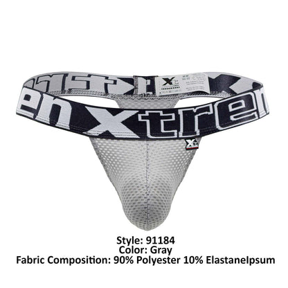 Gray men’s Xtremen 91184 thong with mesh fabric and black-and-white branded waistband shown from the back side
