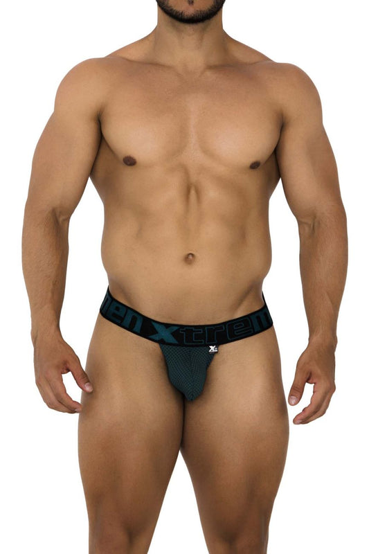 Black xtreme jockstrap with textured mesh front and teal logo elastic waistband from xtremen 91184 mesh thongs green