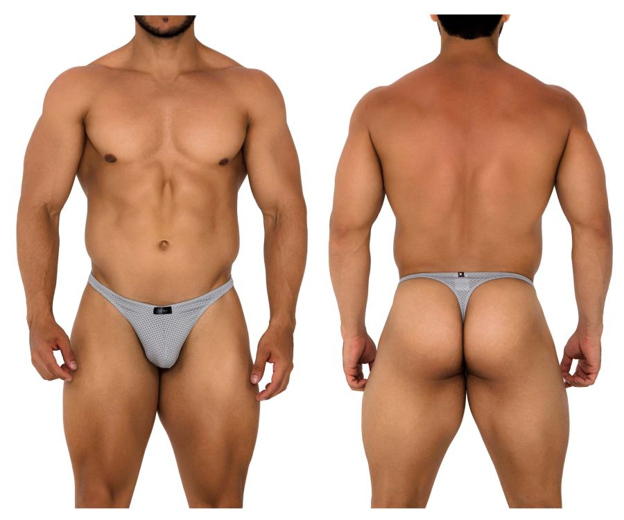 Gray mesh thong with a small black brand tag at the front from xtremen 91185 mesh thongs color gray collection