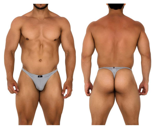 Gray mesh thong with a small black brand tag at the front from xtremen 91185 mesh thongs color gray collection