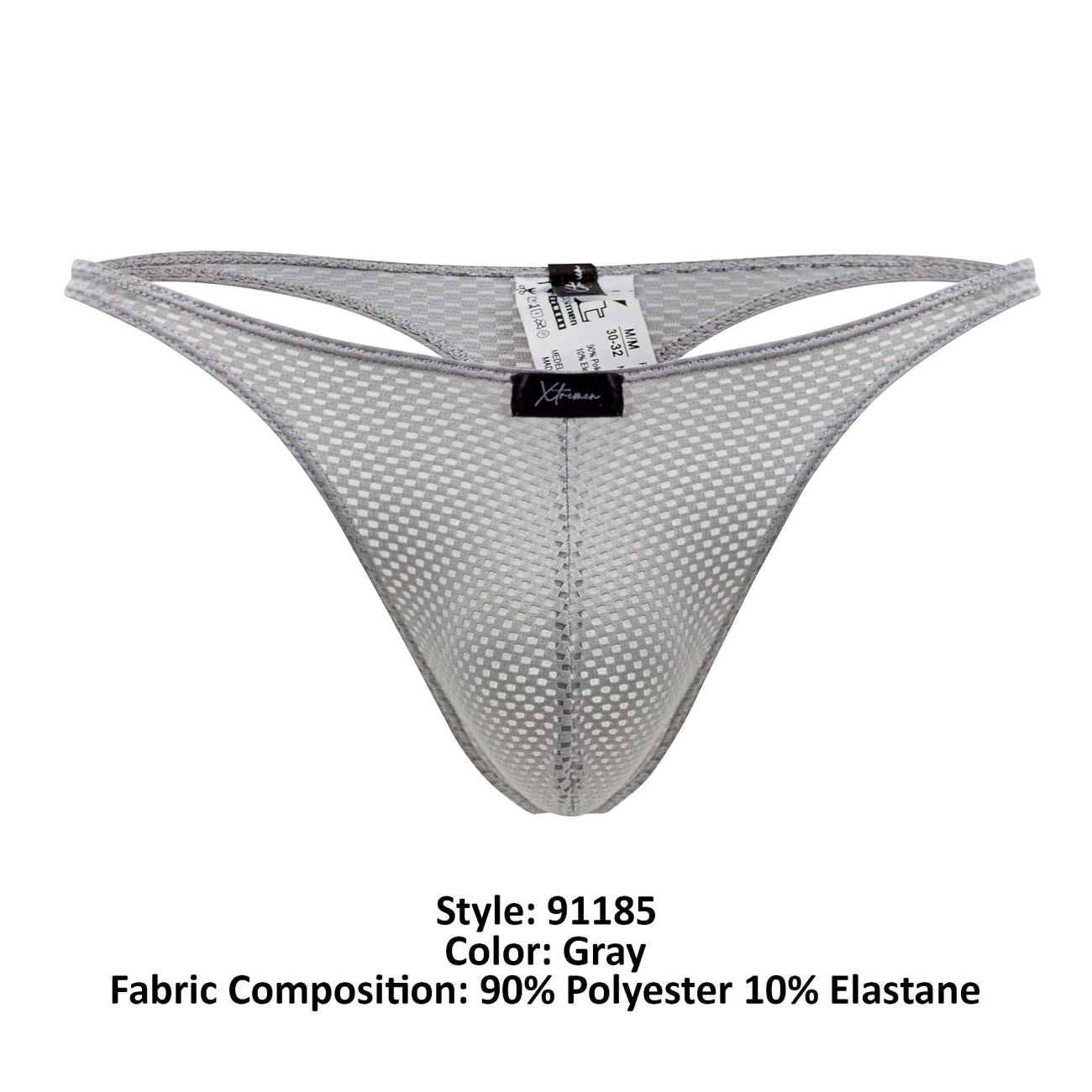 Gray mesh thong with subtle grid pattern and elasticized edges from xtremen 91185 collection