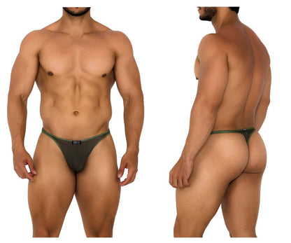 Dark green xtremen 91189 tulle mesh thong with form-fitting design and subtle contrasting trim shown from the back