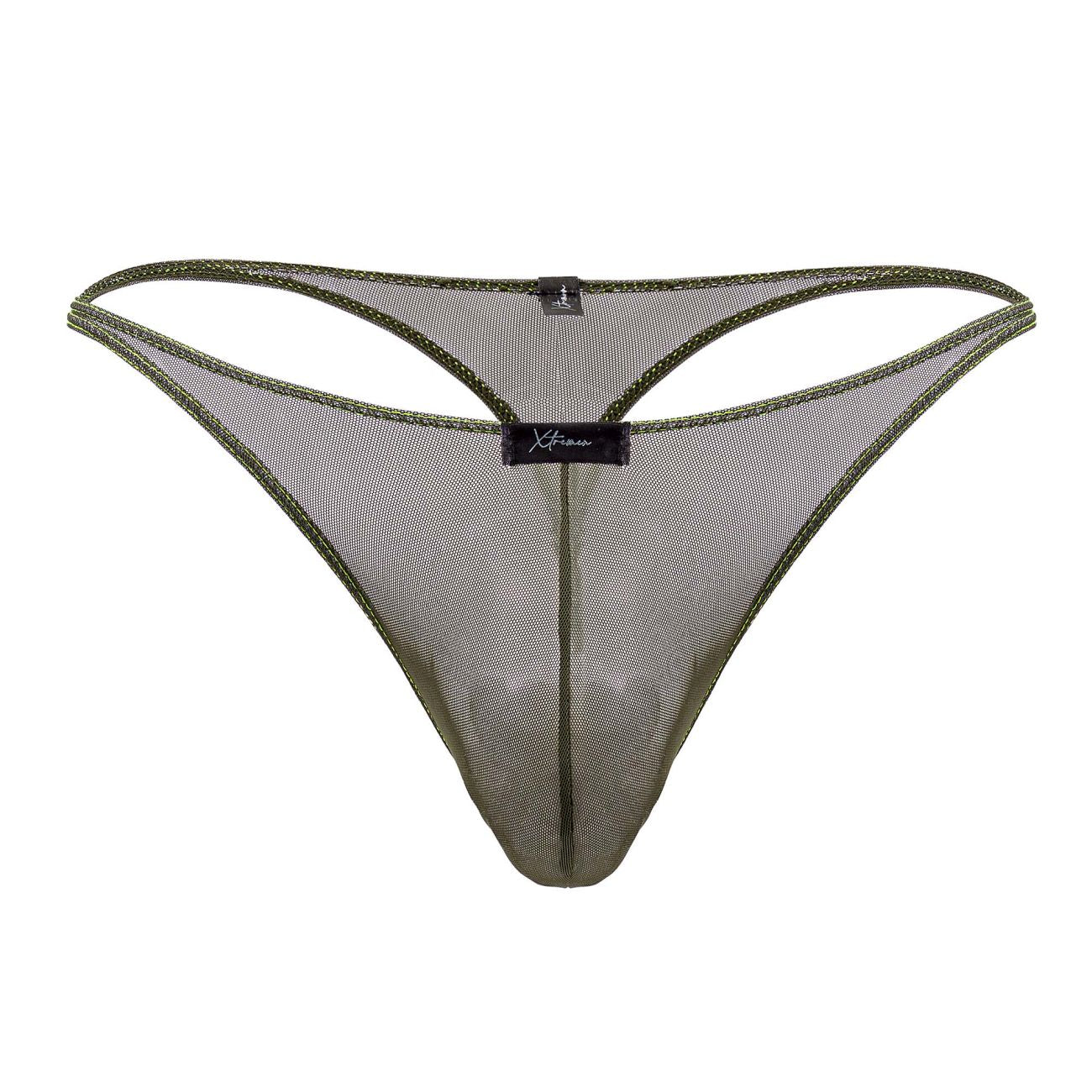 Olive green xtremen 91189 tulle mesh thong with reinforced stitching and branded label at the center