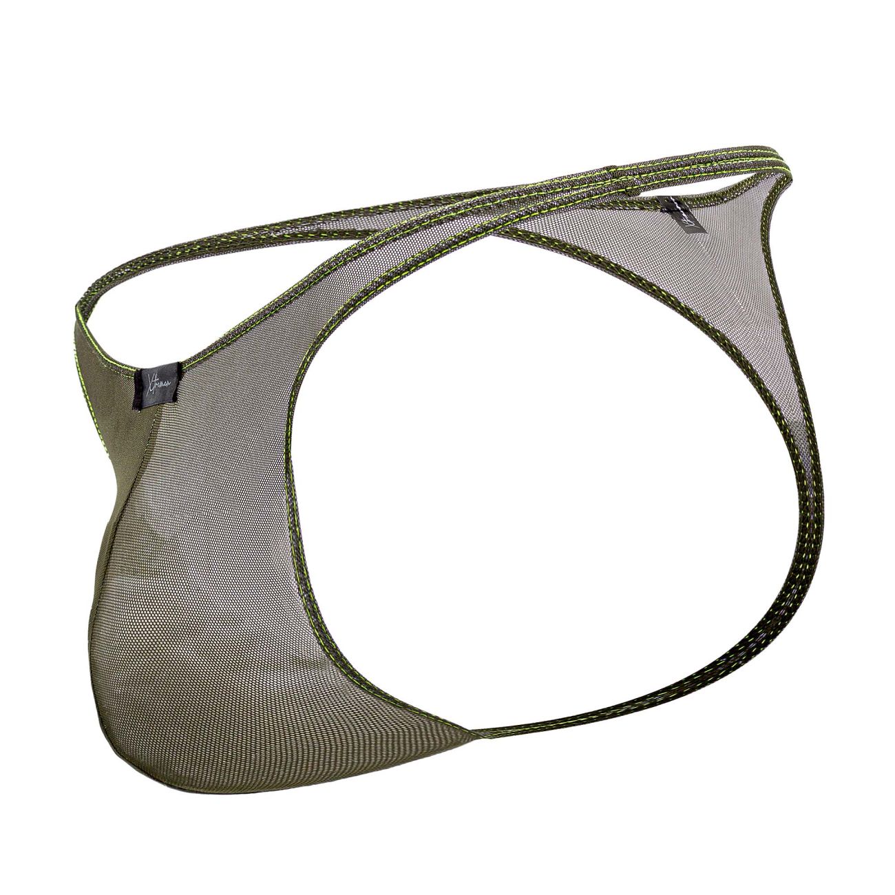 Xtremen 91189 olive green tulle mesh thong with reinforced stitching and small brand tag visible on front side
