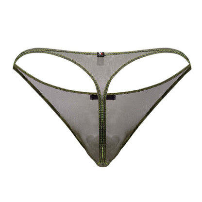 Xtremen 91189 tulle mesh thong in olive green with matching stitching and black label front view